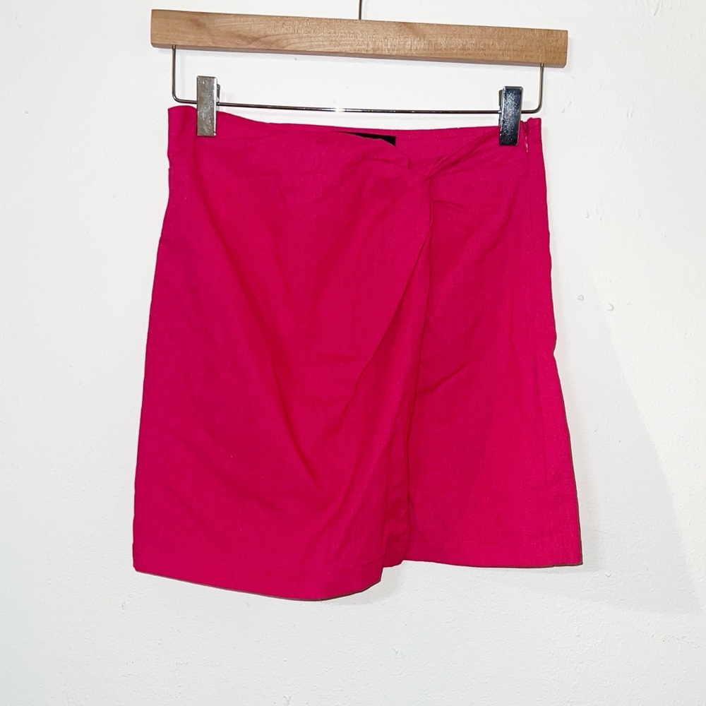 Lulus hot pink gathered twist front womens cotton linen and polyester mini skirt